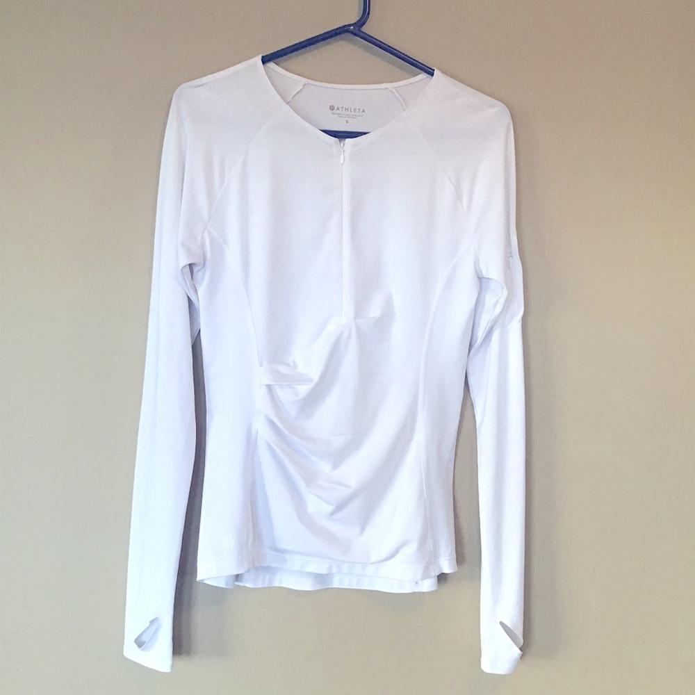 Athleta Pacifica White Ruched fitted long sleeve quarter zip top
